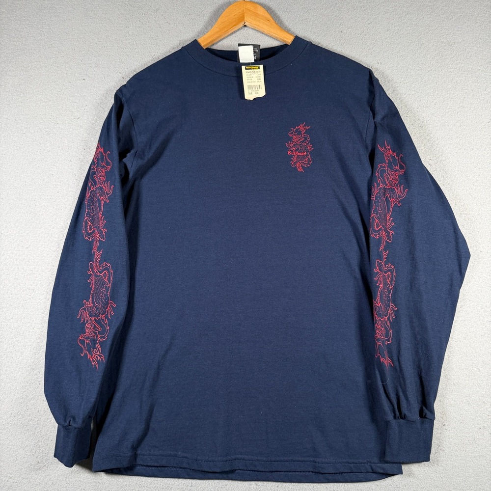 Vintage Bullhead Men Navy Blue Red Dragon Graphic Long Sleeve T-Shirt Size M NWT